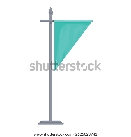 Triangular green flag waving in the wind, attached to a metal pole with a spear like ornament on top