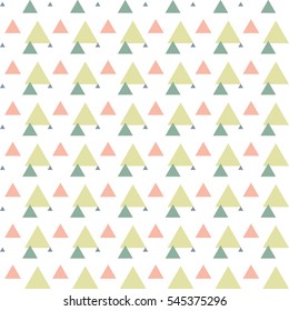 Triangular green, pink, blue, white geometric pattern. Abstract geometrical background of triangle, delta, trigon. Modern stylish texture. Repeating tiles from triangles. Vector.