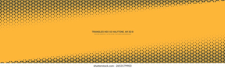 Grade triangular padrão de meio-tom quadro angular ultra largo 32:9 taxa de proporção vetor amarelo preto abstrato fundo. Textura de meio tom panorâmica formato ultrawide abstração gráfica futurista retro
