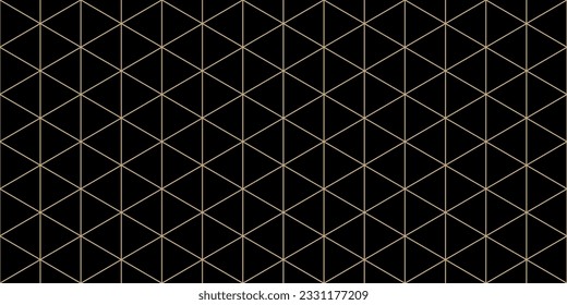 Triangular grid vector seamless pattern. Subtle thin golden lines texture, delicate minimalist lattice, mesh, net, triangles, hexagons. Abstract black and gold luxury background. Wide geo design