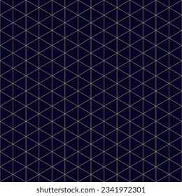 Triangular grid vector seamless pattern. Subtle thin golden lines texture, delicate minimalist lattice, mesh, net, triangles, hexagons. Abstract black and gold graphic background. Trendy geo design