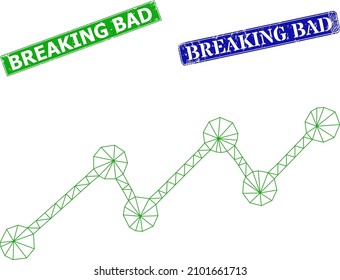 Triangular growing trend image, and Breaking Bad blue and green rectangular dirty badges. Polygonal wireframe image created from growing trend icon.