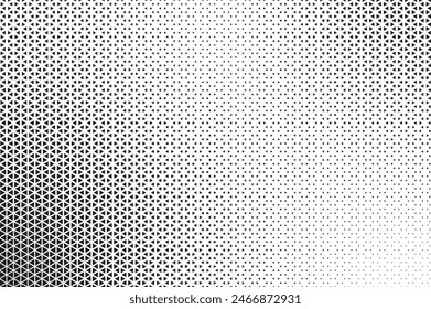 Triangular halftone background. Vector geometric technology abstract background. Halftone triangles retro pattern. Minimal 80s style dynamic tech geometric pattern. 