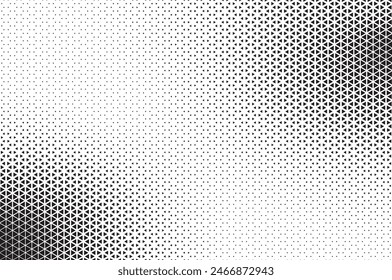 Triangular halftone background. Vector geometric technology abstract background. Halftone triangles retro pattern. Minimal 80s style dynamic tech geometric pattern. 