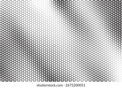 Triangular halftone background. Vector geometric technology abstract background. Halftone triangles retro pattern. Minimal 80s style dynamic tech geometric pattern.