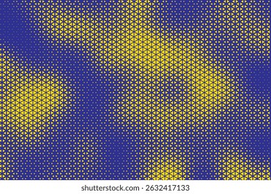 Triangular Halftone Texture Retrowave Geometric Technology Abstract Blue and Yellow Background. Half Tone Triangles Retro Colored Pattern. Minimal 80s Style Dynamic Tech Structure Wallpaper