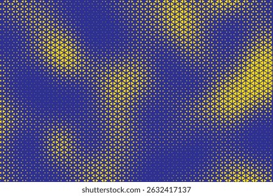 Triangular Halftone Texture Retrowave Geometric Technology Abstract Blue and Yellow Background. Half Tone Triangles Retro Colored Pattern. Minimal 80s Style Dynamic Tech Structure Wallpaper