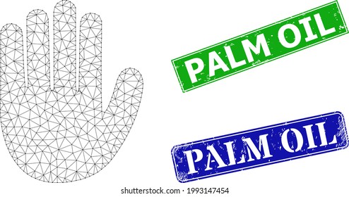 Triangular hand palm image, and Palm Oil blue and green rectangle unclean stamp seals. Mesh carcass image based on hand palm pictogram. Stamp seals include Palm Oil title inside rectangular frame.