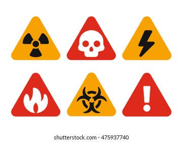 Triangular hazard warning signs, set of vector miniature icons 