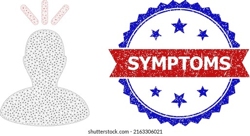 Triangular headache wireframe icon, and bicolor scratched Symptoms seal. Mesh wireframe image designed with headache icon. Vector seal with Symptoms text inside red ribbon and blue rosette,