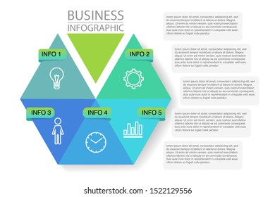 Triangular and hexagon shape elements. Visualization of business data. Infographic templates about business and strategy exposure for presentations, colorful and simple vector illustrations.