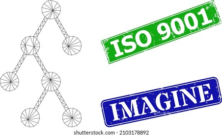 Triangular hierarchy structure model, and ISO 9001 blue and green rectangle grunge stamp seals. Mesh wireframe illustration created from hierarchy structure pictogram.
