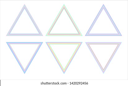 Triangular holographic frames set in psychedelic vaporwave style. Futuristic geometric figures isolated on white background. Retro 80s-90s color gradients.