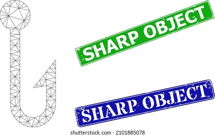 Triangular hook image, and Sharp Object blue and green rectangle textured stamp seals. Mesh carcass image is based on hook pictogram. Seals include Sharp Object title inside rectangle frame.