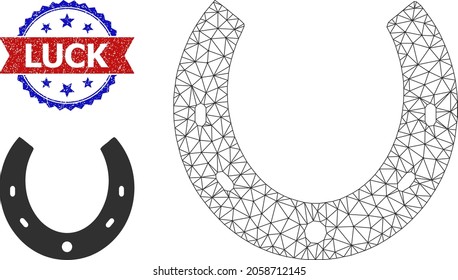 Triangular horseshoe model illustration, and bicolor rubber Luck seal. Polygonal carcass illustration is designed with horseshoe icon.