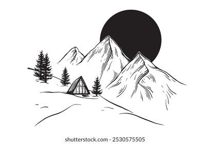 Casa triangular ou cabana A-frame e sol sobre as montanhas vetor ilustração em estilo de desenho linear. Casa remota no deserto e floresta para aventura ou acampar em fundo isolado.