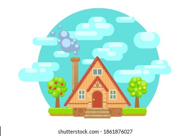 Triangular house in a flat style on a round blue background with green bushes and trees with apples.