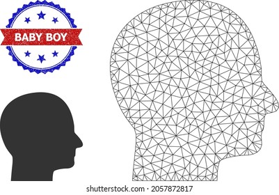 Triangular human head model icon, and bicolor scratched Baby Boy seal stamp. Mesh wireframe image based on human head icon. Vector seal with Baby Boy text inside red ribbon and blue rosette,