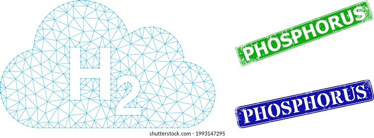Triangular hydrogen gas image, and Phosphorus blue and green rectangle textured seals. Mesh wireframe symbol designed with hydrogen gas pictogram.