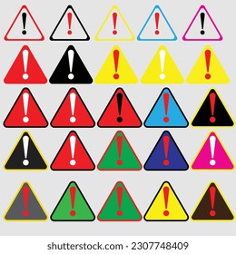 Triangular icon attention warning sign. Colored satin smooth web 2.0 buttons with gray shadow on white, Warning alert sign