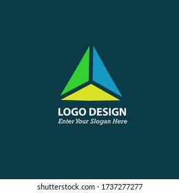 The triangular icons are three, yellow, blue and green. Dark blue background. Triangle design logo