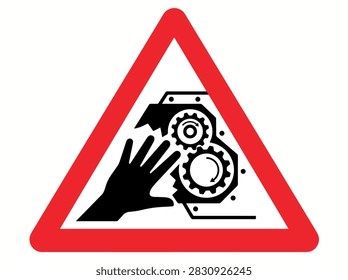 A triangular industrial warning sign featuring a hand icon caught between rotating gears, indicating a crushing hazard in a workplace environment.