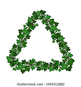 Triangular ivy leaves frame border. Green ivy foliage garland decoration. Isolated wreath on white background, triangle shape. Vector illustration