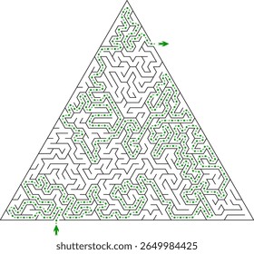 Labirinto triangular de dificuldade difícil. Pirâmide egípcia com solução - rota de passagem. Labirinto de alta complexidade, ilustração vetorial preto e branco. Belo quebra-cabeça.