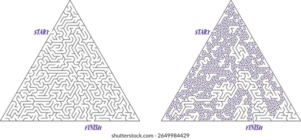 Triangular labyrinth of hard difficulty. Egyptian pyramid with solution - passing route. Maze of high complexity, black and white vector illustration. Nice brainstorm puzzle.
