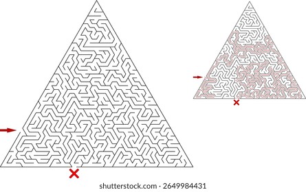 Labirinto triangular de dificuldade difícil. Pirâmide egípcia com solução - rota de passagem. Labirinto de alta complexidade, ilustração vetorial preto e branco. Belo quebra-cabeça.