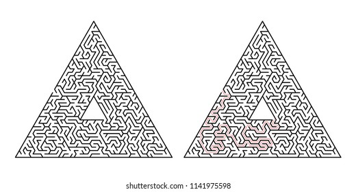 Triangular labyrinth. Maze isolated on a white background. Solution is made in red dotted line.