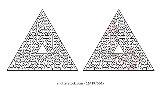 Triangular labyrinth. Maze isolated on a white background. Solution is made in red dotted line.