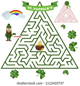 Triangular labyrinth or maze riddle game. Labyrinth rebus for kids vector illustration. Leprechaun help find path to hidden treasures.