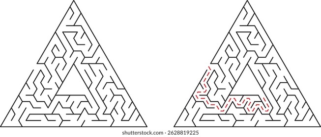 Triangular labyrinth puzzle illustrating maze solving with red path solution guide