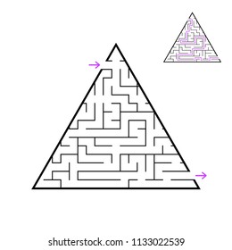 A triangular labyrinth, a pyramid with a black stroke. A game for children. Simple flat vector illustration isolated on white background. With the answer