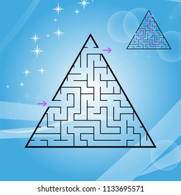 A triangular labyrinth, a pyramid with a black stroke. A game for children. A simple flat vector illustration isolated on a colored background. With the answer