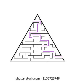 A triangular labyrinth, a pyramid with a black stroke. A game for children. Simple flat vector illustration isolated on white background. With the answer