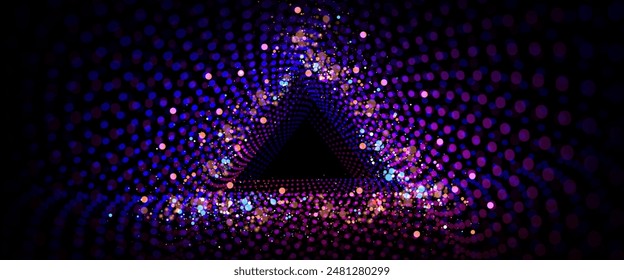 Triangular light tunnel background for disco party. Abstract cyber glow design with perspective triangle surface panorama bg. Network and data infinity grid, glitter, and blue pink dot creative swirl