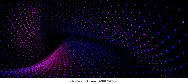 Túnel de luz triangular bg. Abstractas diseño cibernético en 3d de la fiesta disco. Perspectiva brillante concepto de tecnología de red. Malla para gráficos dj magnéticos con movimiento futurista de puntos azules y rosas en superficie curva