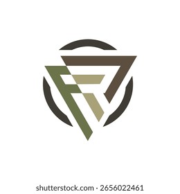 A triangular logo combining the stylized letters 'F' and 'R' within a circular ring. The letters are composed of geometric shapes in muted earth tones.
