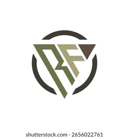 Um logotipo triangular que combina as letras estilizadas 'R' e 'F' dentro de um anel circular. As letras são compostas de formas geométricas em tons de terra mudos