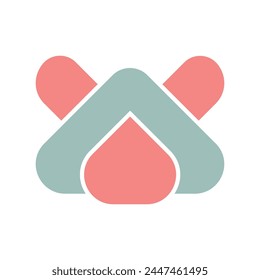 El logotipo triangular parece una bola de masa hervida en colores azul pastel y rosa