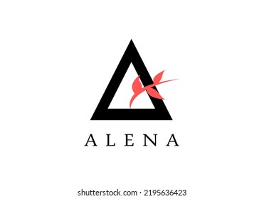 Triangular logo, and pink leaves.