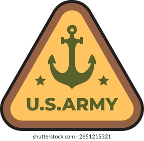 Logotipo triangular do Exército dos EUA com uma âncora verde estilizada e duas estrelas verdes de cinco pontas sobre um fundo amarelo, evocando operações marítimas e simbolismo militar