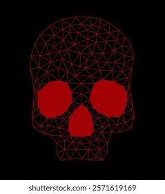 Triangular low poly geometric skull in red isolated over black, vector illustration.