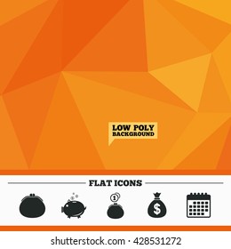 Triangular low poly orange background. Wallet with cash coin and piggy bank moneybox symbols. Dollar USD currency sign. Calendar flat icon. Vector