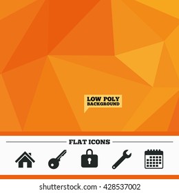 Triangular low poly orange background. Home key icon. Wrench service tool symbol. Locker sign. Main page web navigation. Calendar flat icon. Vector