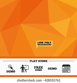 Triangular low poly orange background. Demo with cursor icon. Presentation billboard sign. Man standing with pointer symbol. Calendar flat icon. Vector