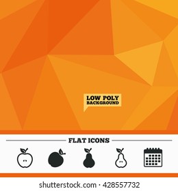 Triangular low poly orange background. Fruits with leaf icons. Apple and Pear with seeds signs. Natural food symbol. Calendar flat icon. Vector