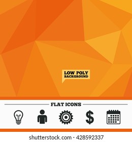 Triangular low poly orange background. Business icons. Human silhouette and lamp bulb idea signs. Dollar currency and gear symbols. Calendar flat icon. Vector